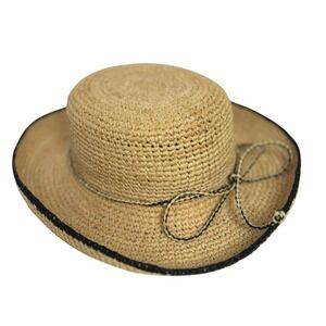 Scala Collection Women's Rolled Brim Crocheted Raffia Woven Natural Sun Hat
